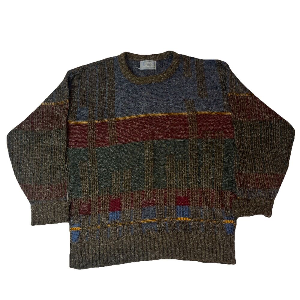 Le Tigre Sweater Men Large Crew Pullover Woven Colorful Color Block USA Vintage